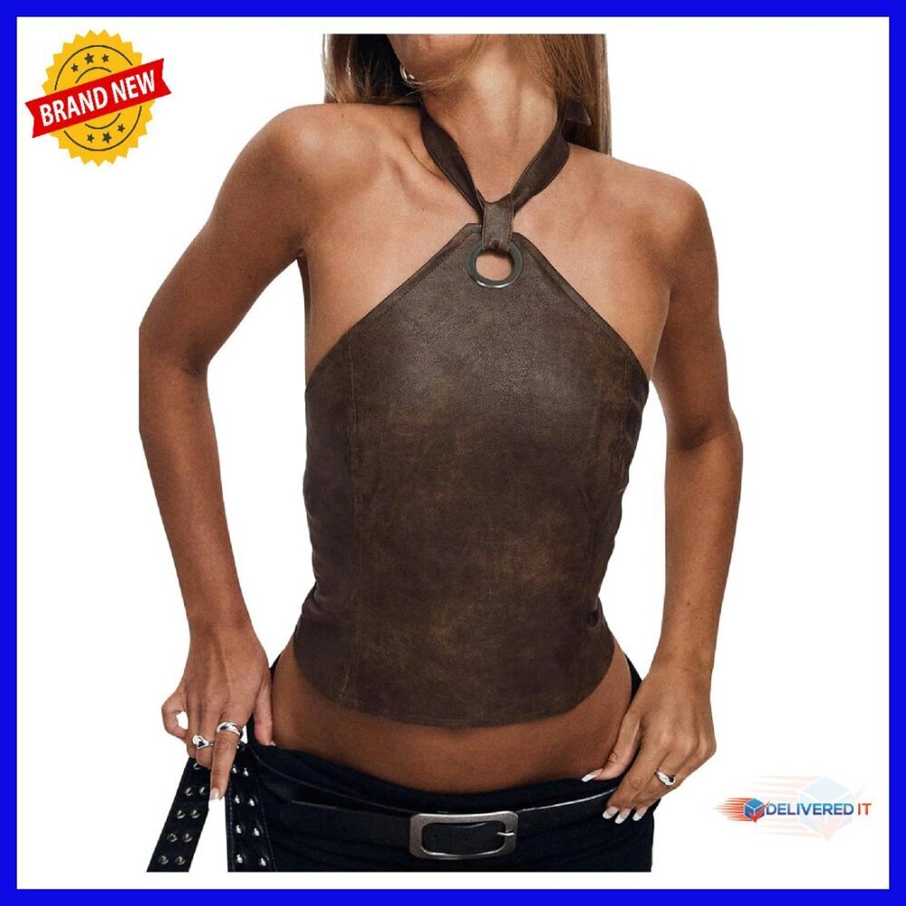 Leather Halter Top Backless Lace Up Y2K Rave Club Going Out NWOT